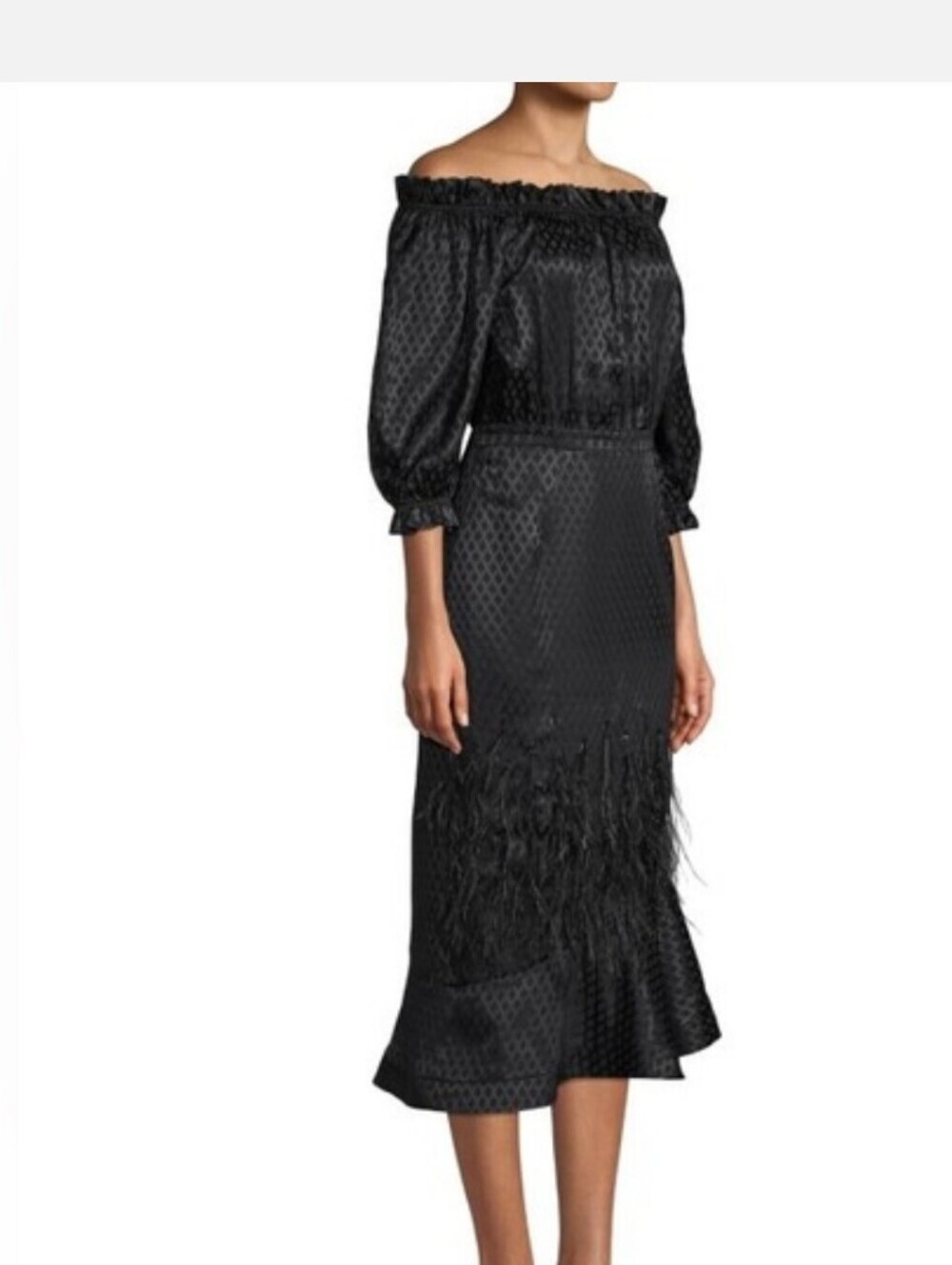 SALONI Black Midi Dress with Feather Trim
